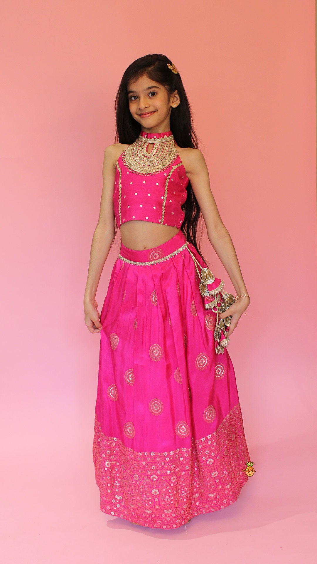 Pre Order: Beautiful Pink Embroidered Halter Neck Top With Lehenga And Dupatta With Potli Bag