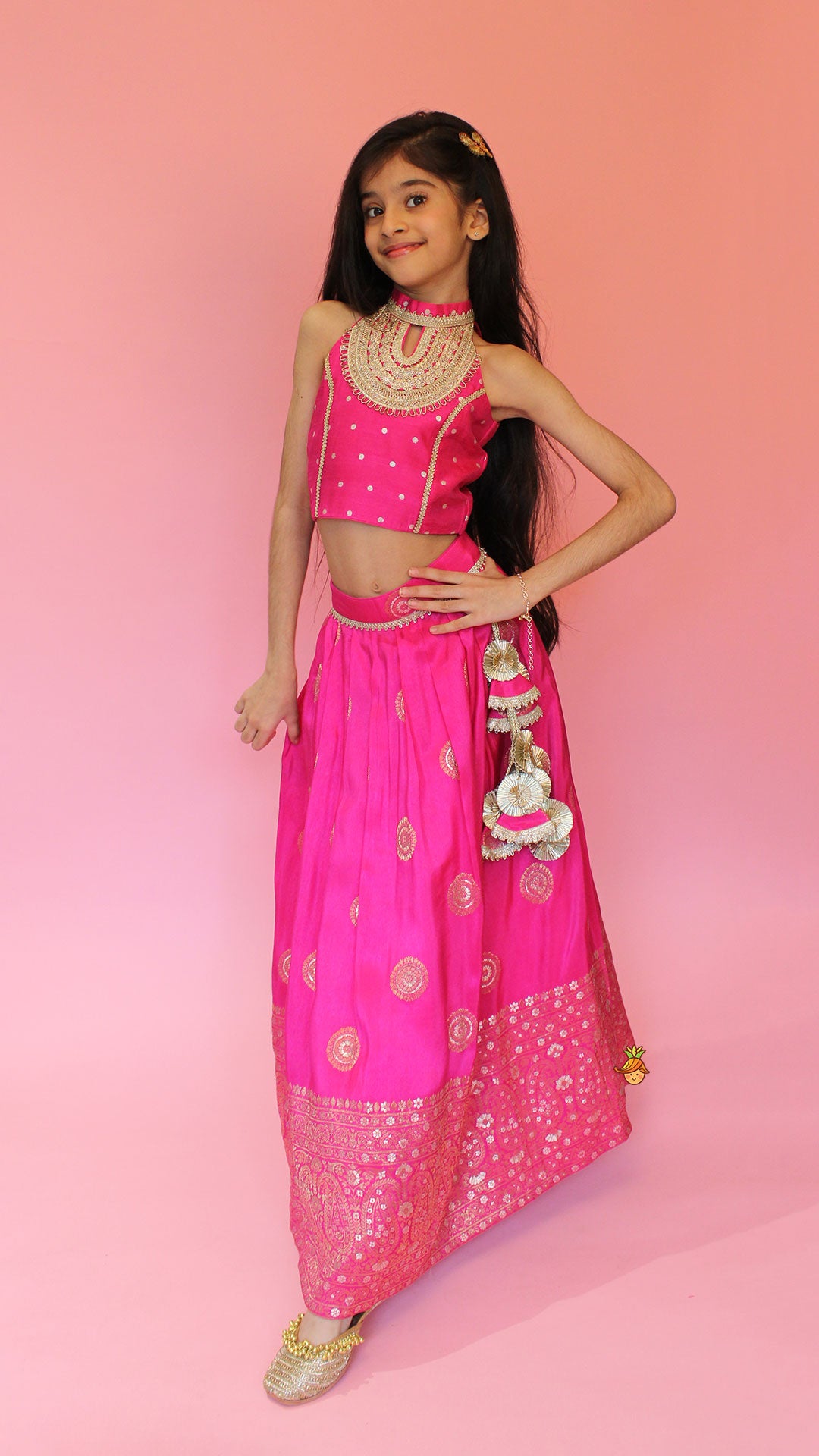 Pre Order: Beautiful Pink Embroidered Halter Neck Top With Lehenga And Dupatta With Potli Bag