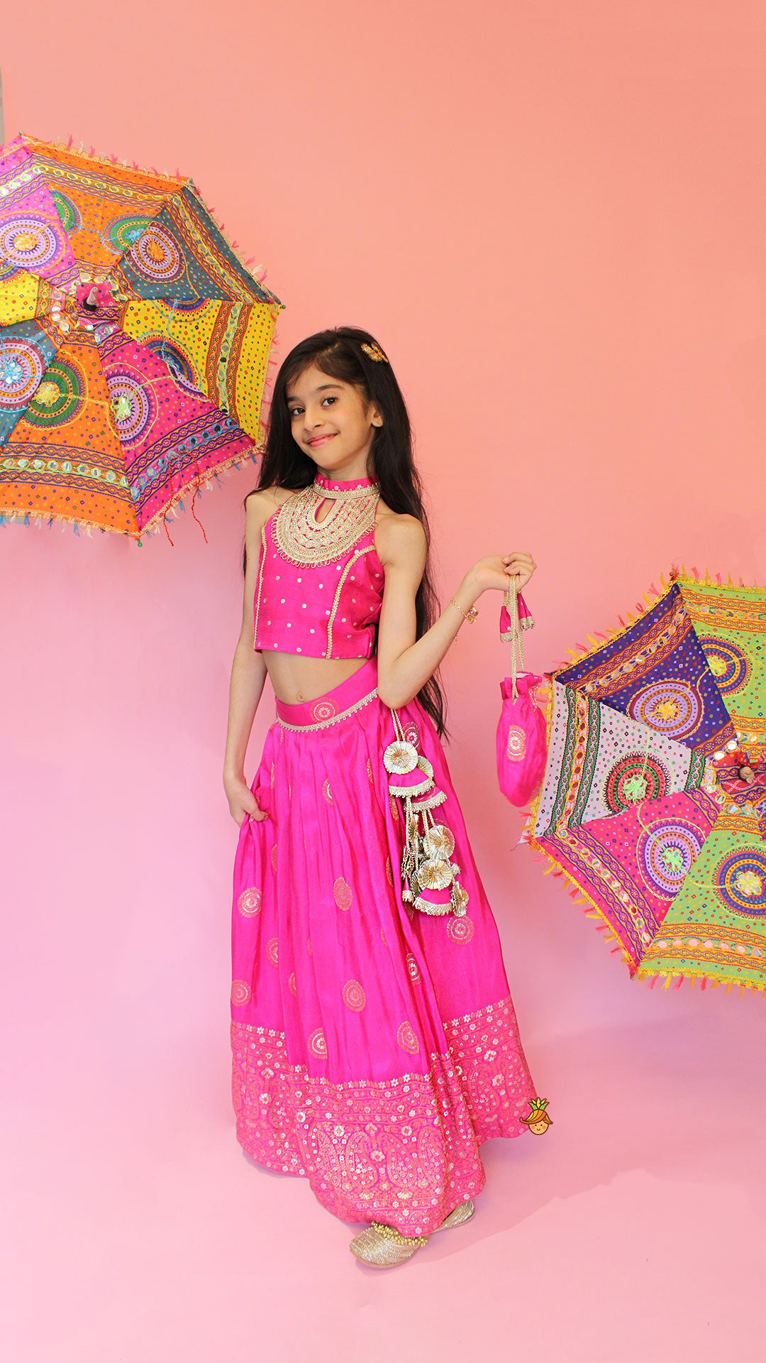 Pre Order: Beautiful Pink Embroidered Halter Neck Top With Lehenga And Dupatta With Potli Bag