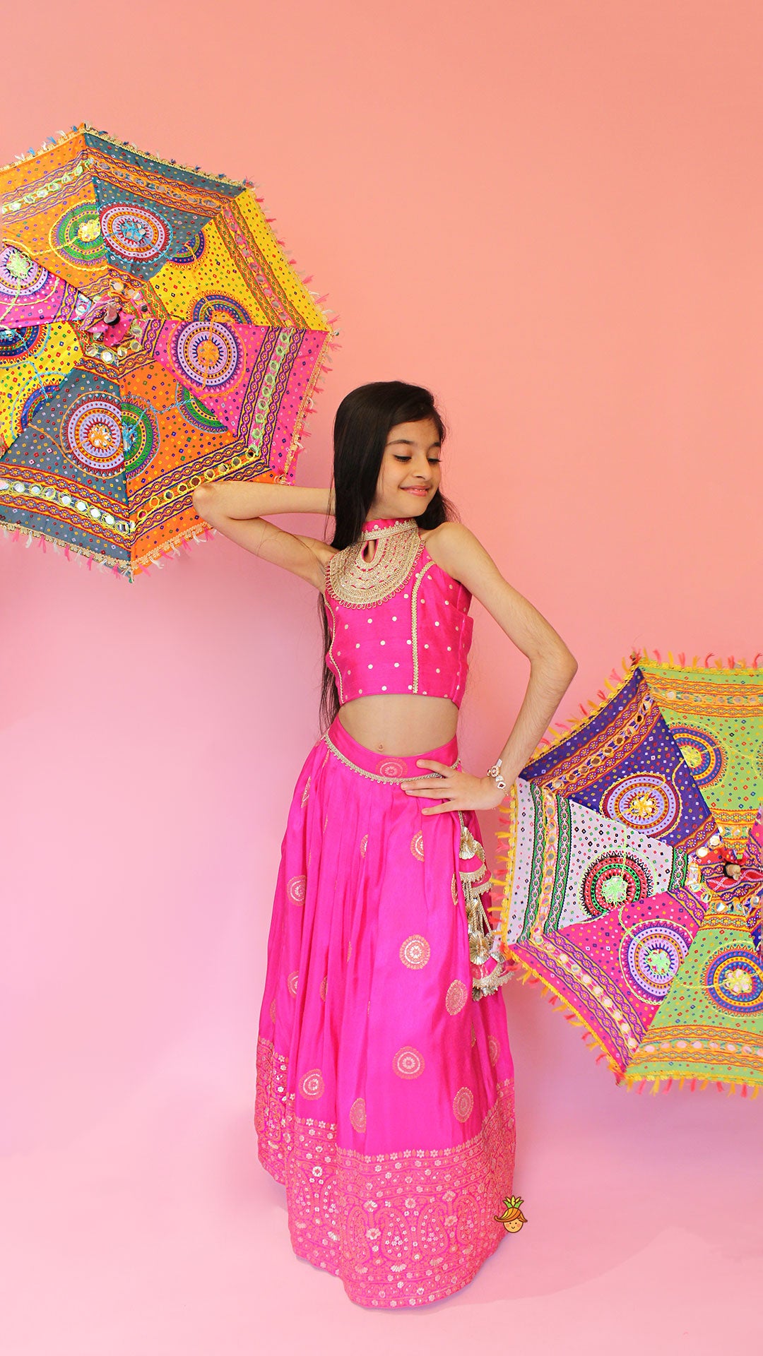 Pre Order: Beautiful Pink Embroidered Halter Neck Top With Lehenga And Dupatta With Potli Bag