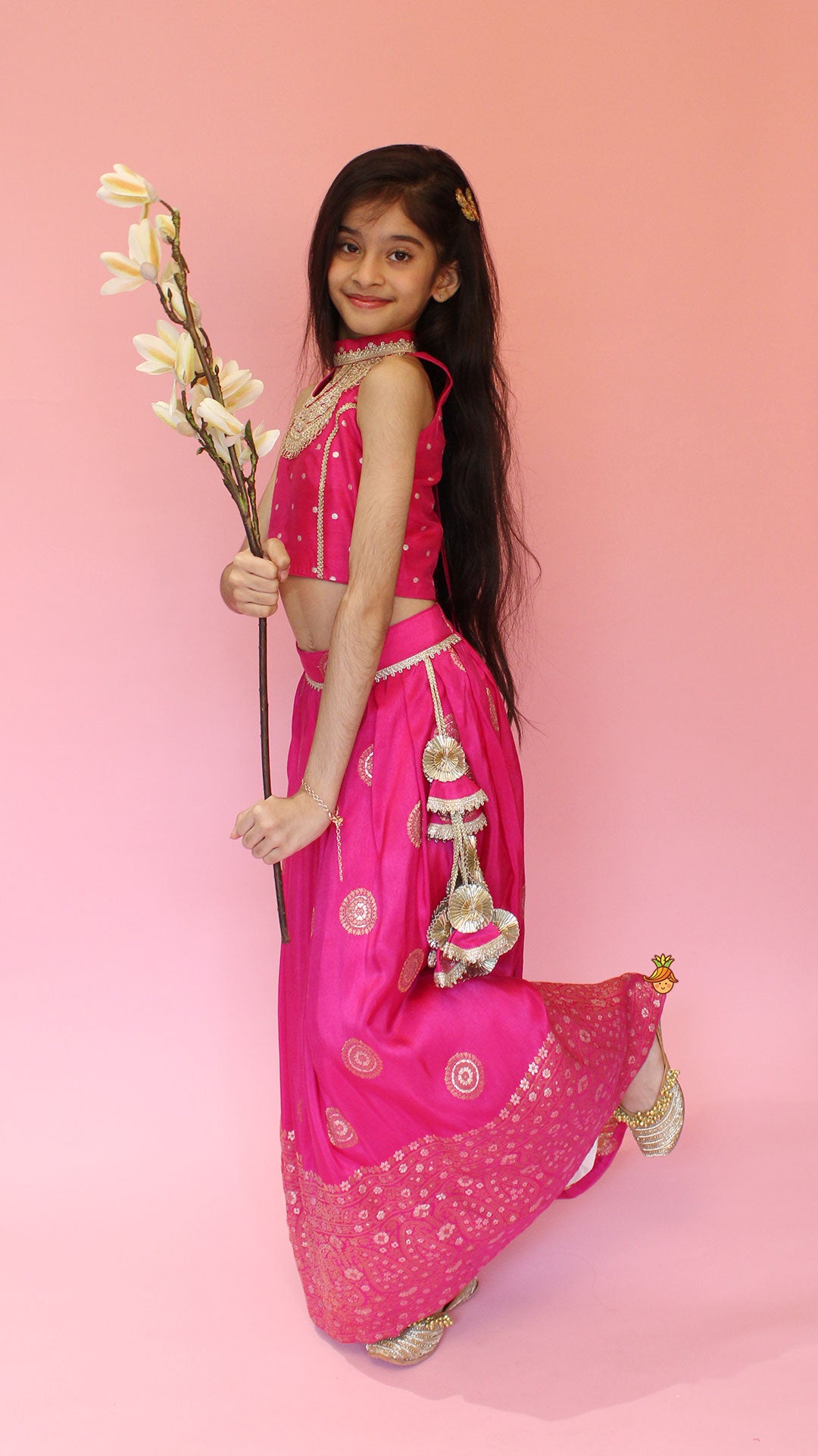 Pre Order: Beautiful Pink Embroidered Halter Neck Top With Lehenga And Dupatta With Potli Bag