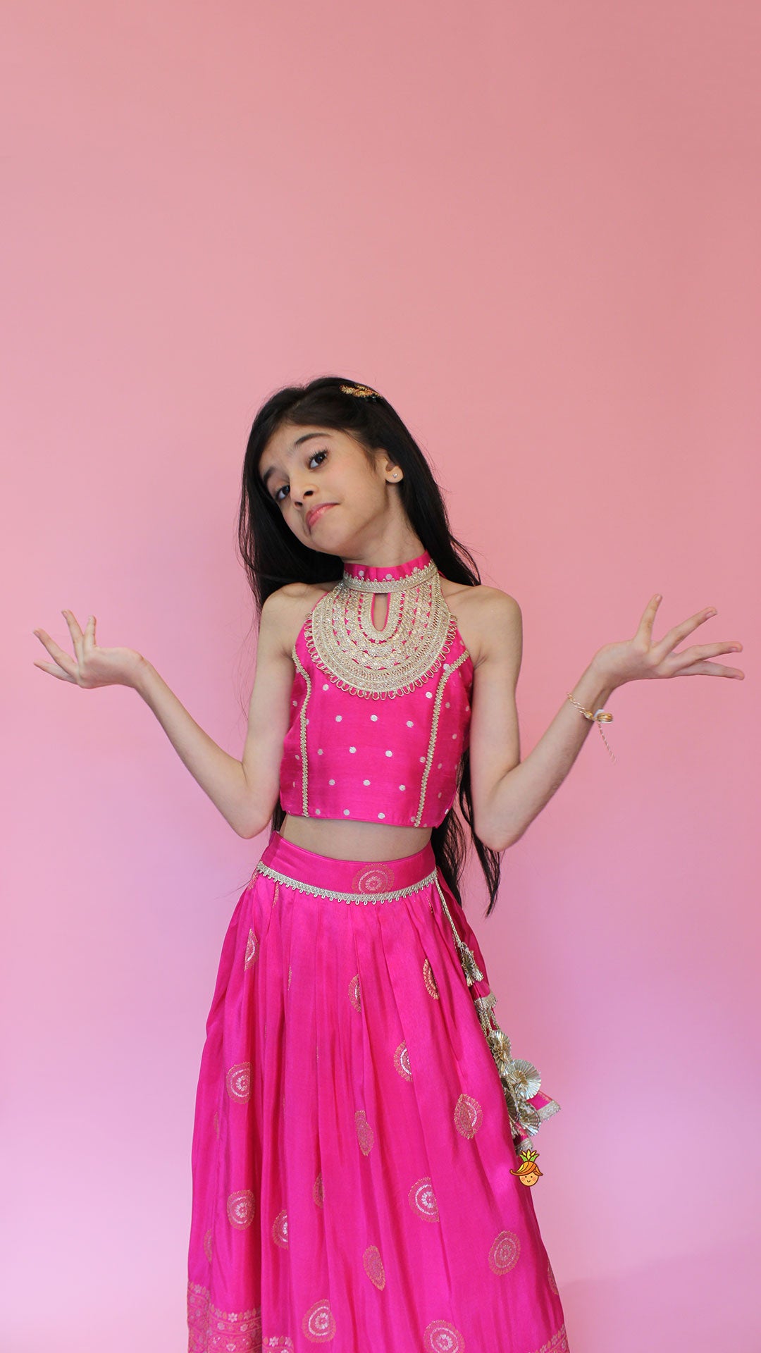 Pre Order: Beautiful Pink Embroidered Halter Neck Top With Lehenga And Dupatta With Potli Bag