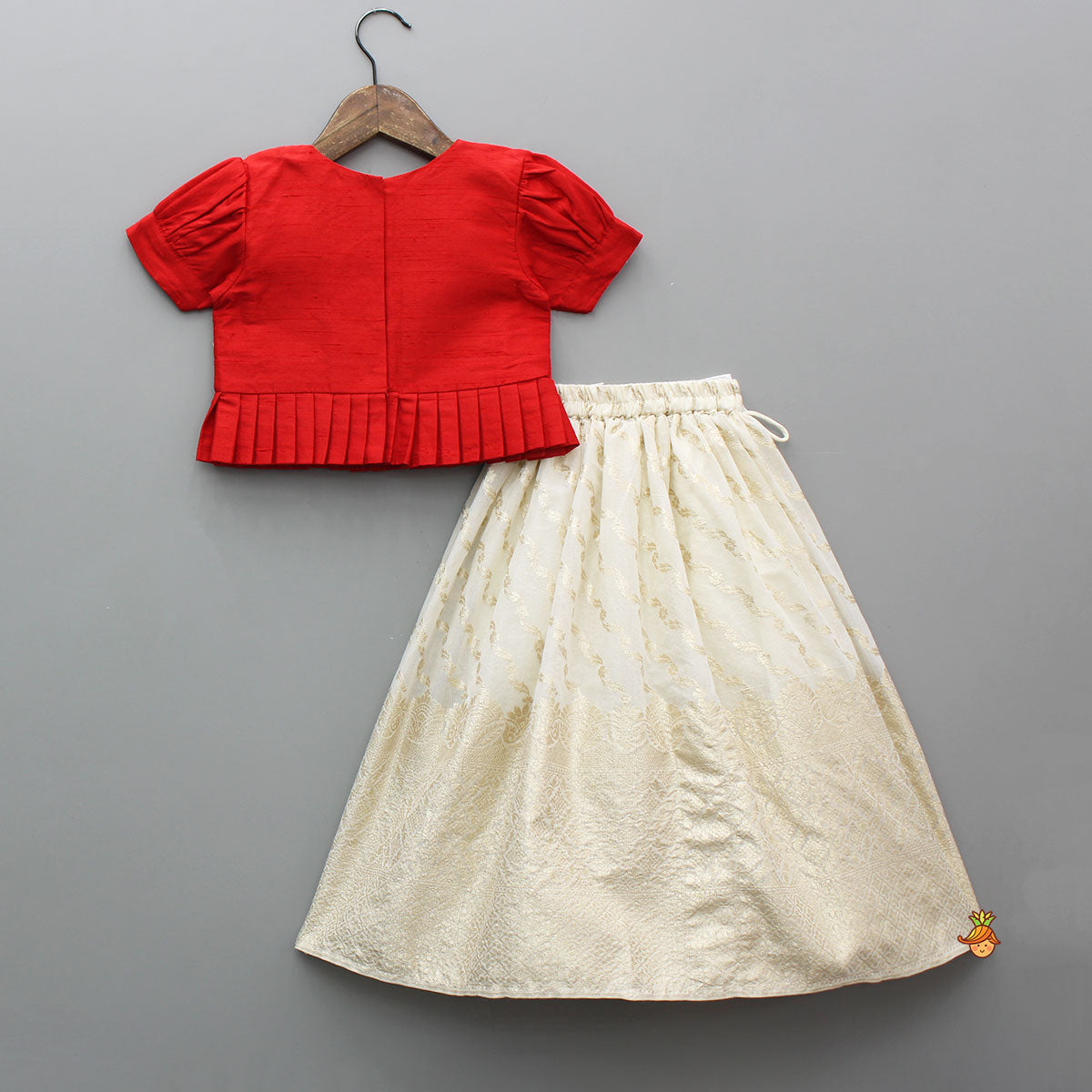 Pre Order: Elegant Elephant Embroidered Red Top With Silk Lehenga