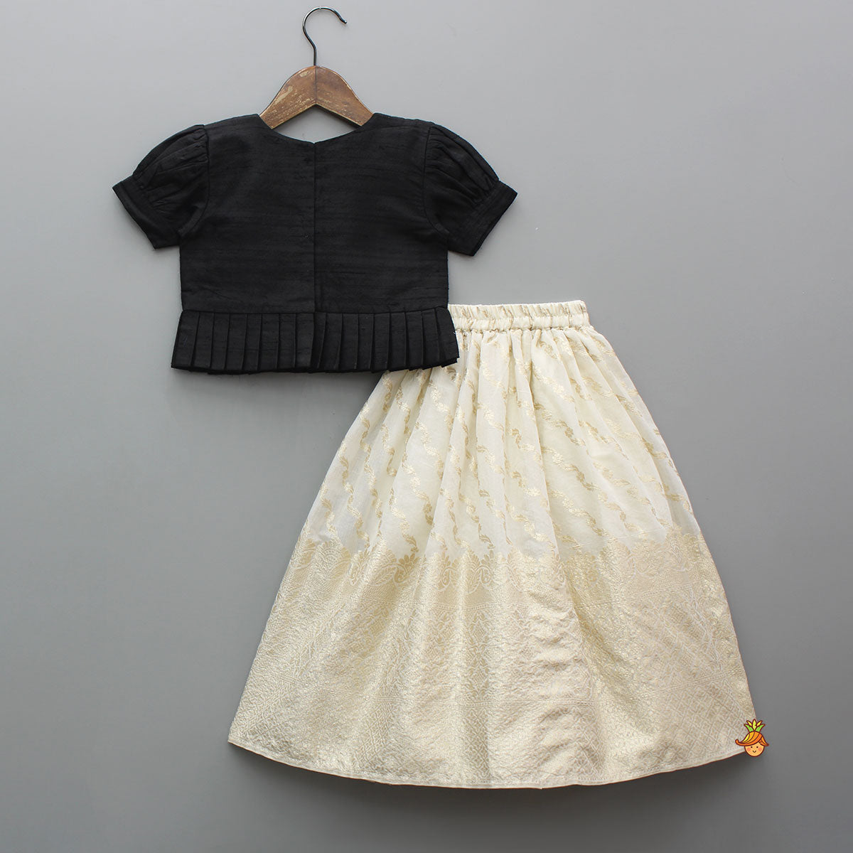 Pre Order: Elegant Elephant Embroidered Black Top With Silk Lehenga