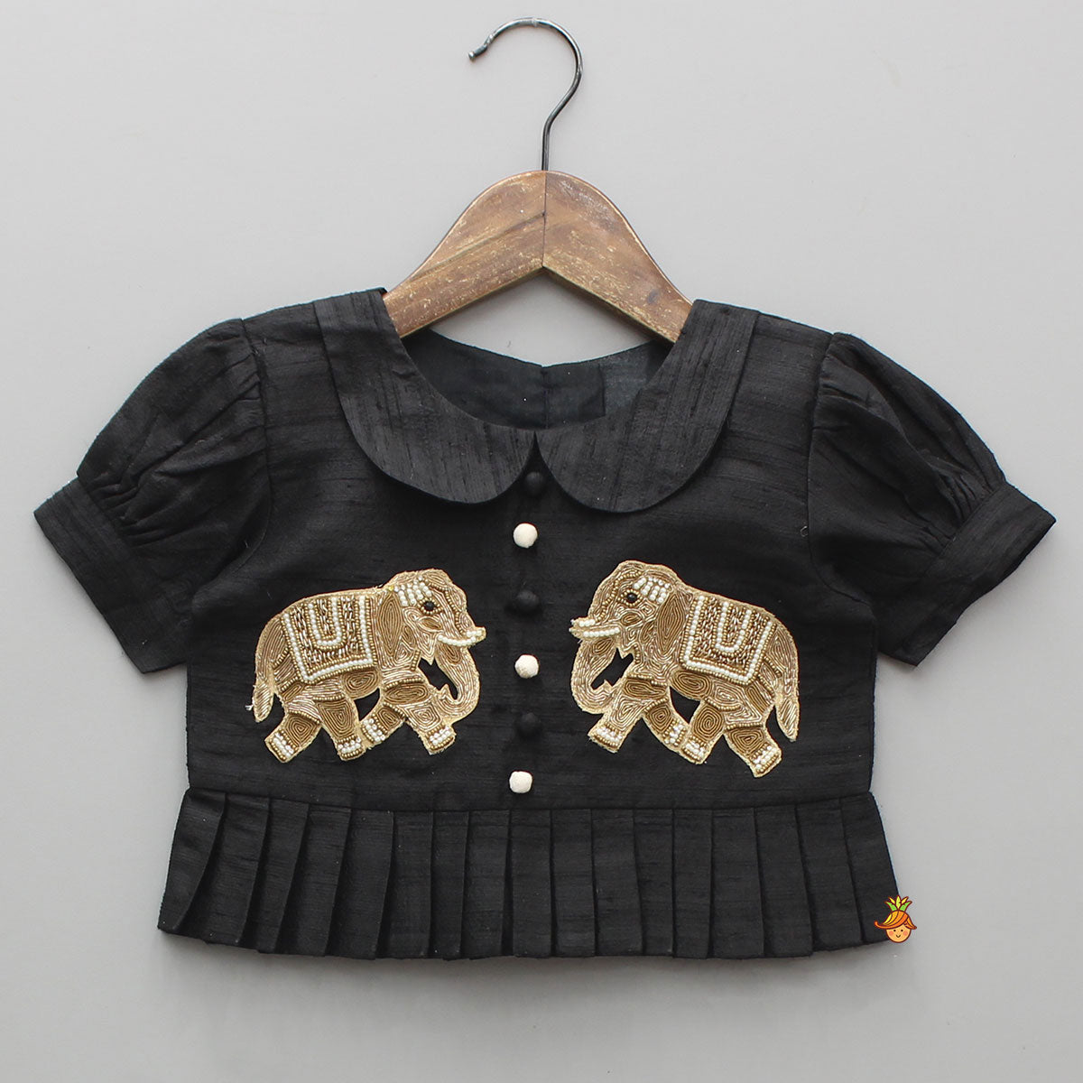 Pre Order: Elegant Elephant Embroidered Black Top With Silk Lehenga