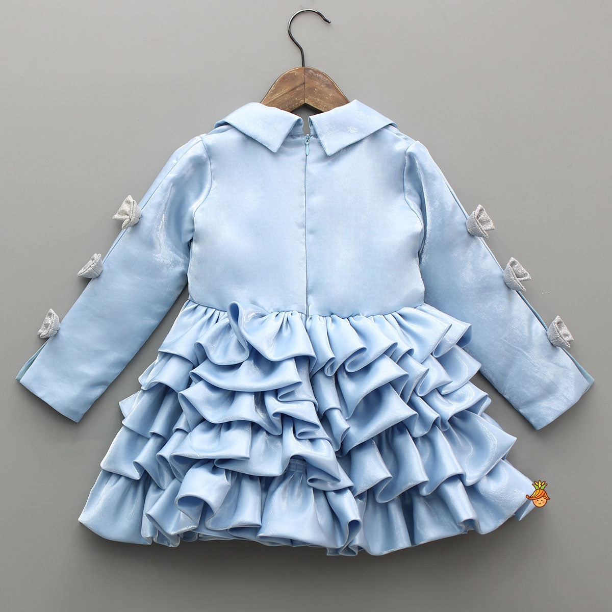 Pre Order: Gorgeous Sheen Collar Neck Bow Adorned Layered Ruffle Dress