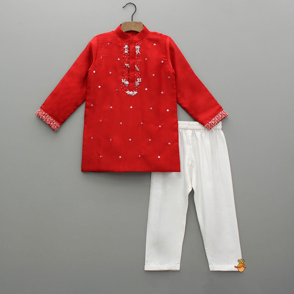 Pre Order: Red Sequin Embroidered Beaded Kurta With Pyjama