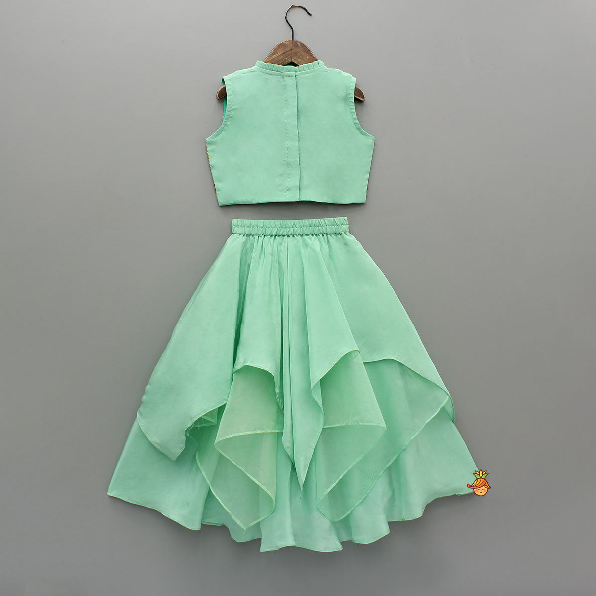 Pre Order: Beautiful Floral Embroidered Green Top With Asymmetrically Layered Lehenga