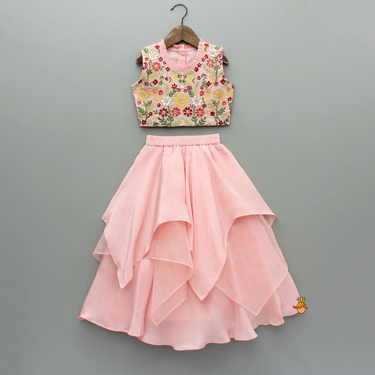 Pre Order: Beautiful Floral Embroidered Top With Asymmetrically Layered Lehenga