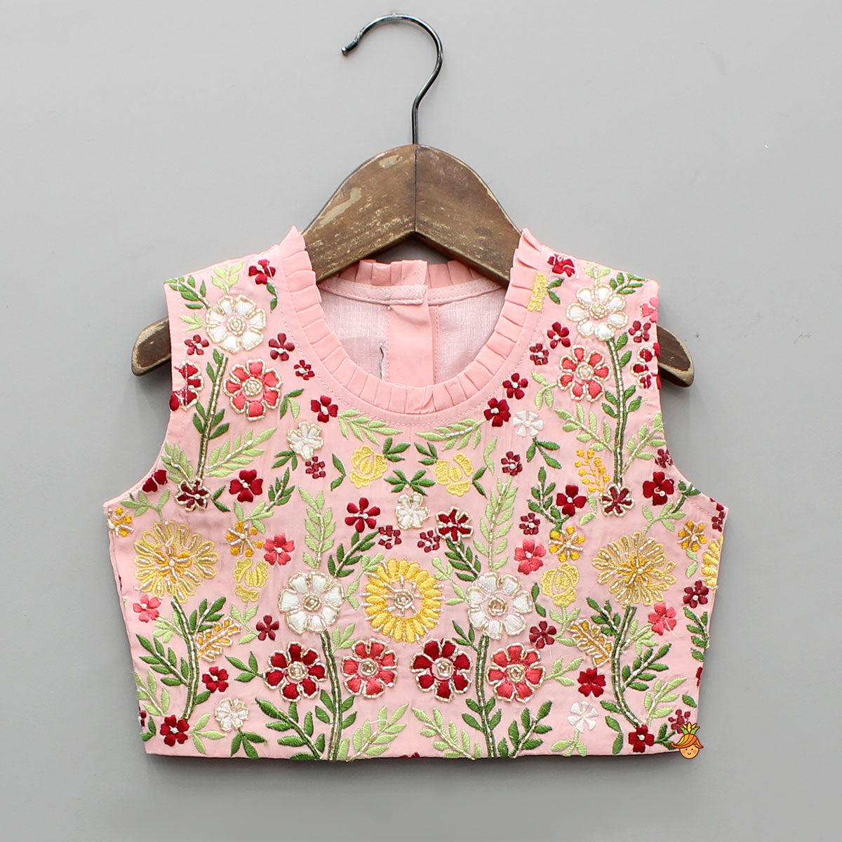 Pre Order: Beautiful Floral Embroidered Top With Asymmetrically Layered Lehenga