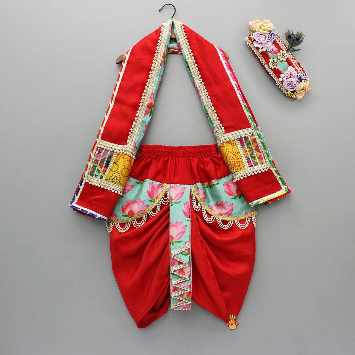 Pre Order: Festive Red Dhoti With Printed Shawl And Mor Pankh-Embellished Headband