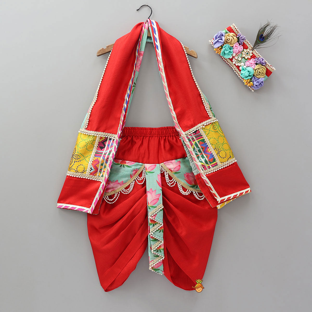 Pre Order: Festive Dhoti With Printed Shawl And Mor Pankh-Embellished Headband