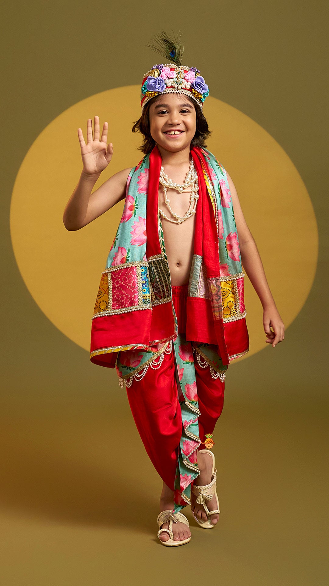 Pre Order: Festive Dhoti With Printed Shawl And Mor Pankh-Embellished Headband