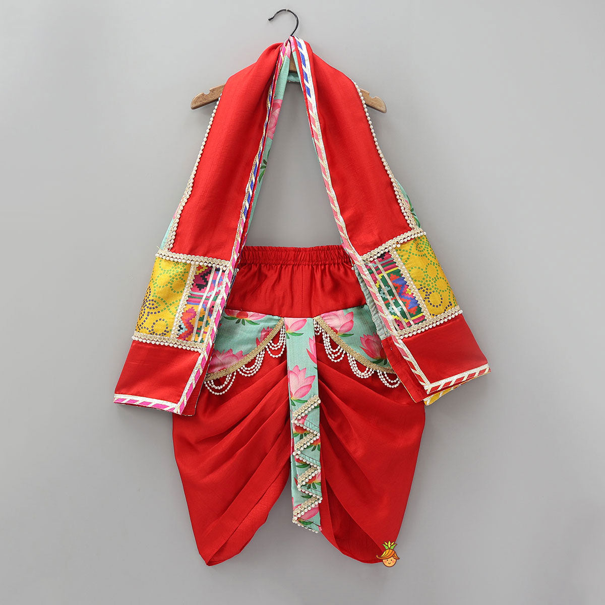 Pre Order: Festive Red Dhoti With Printed Shawl And Mor Pankh-Embellished Headband