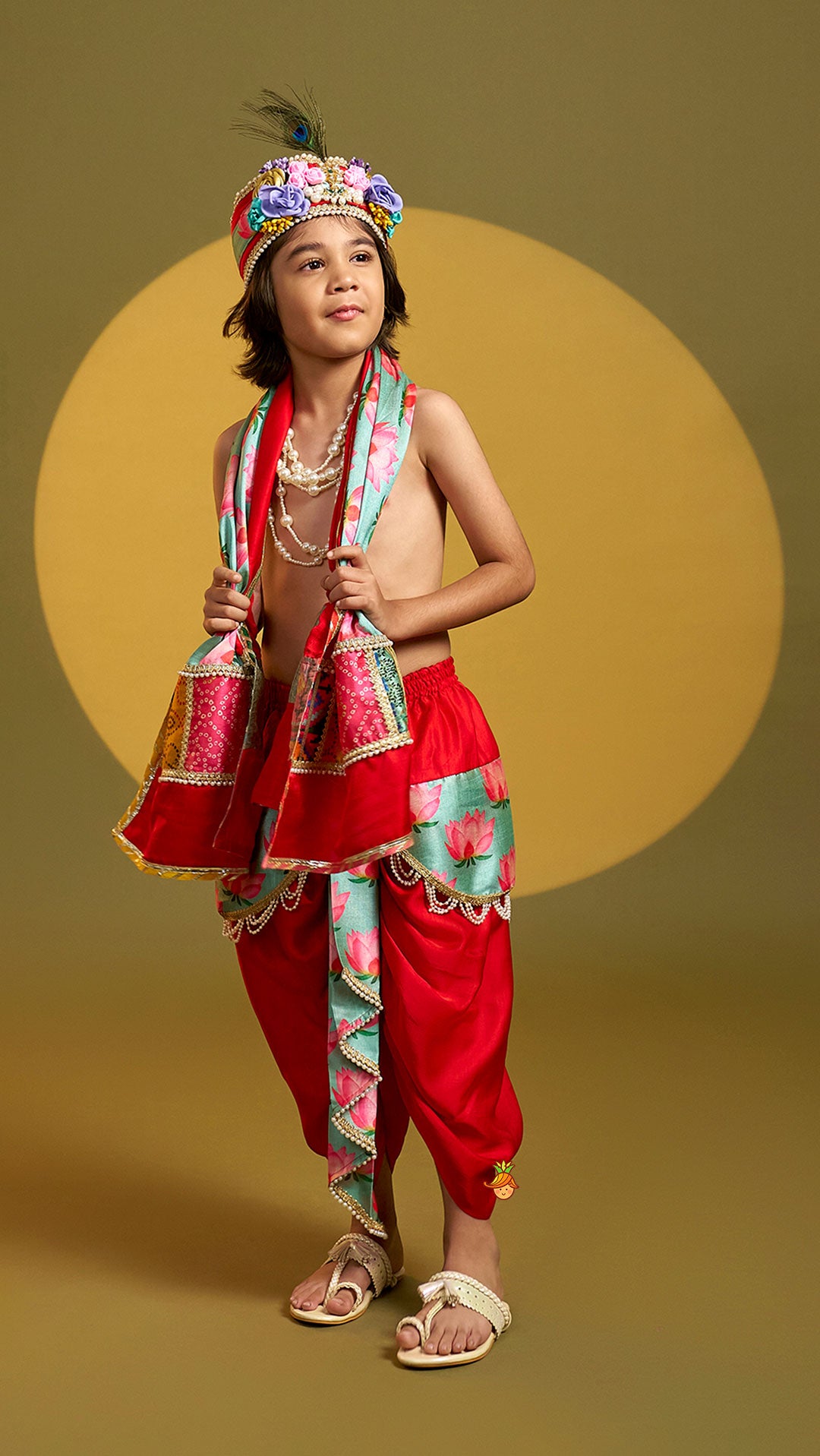 Pre Order: Festive Dhoti With Printed Shawl And Mor Pankh-Embellished Headband