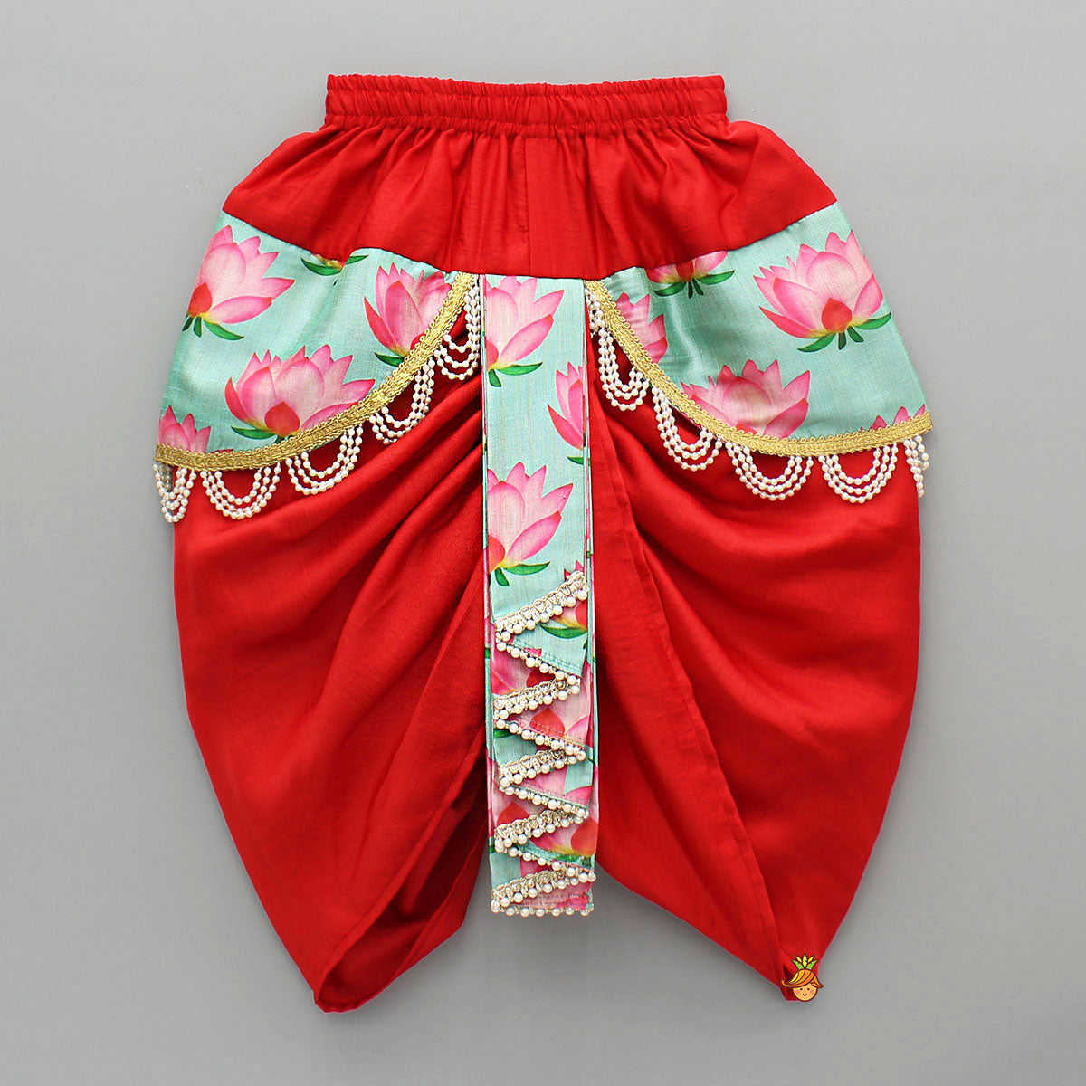 Pre Order: Festive Red Dhoti With Printed Shawl And Mor Pankh-Embellished Headband