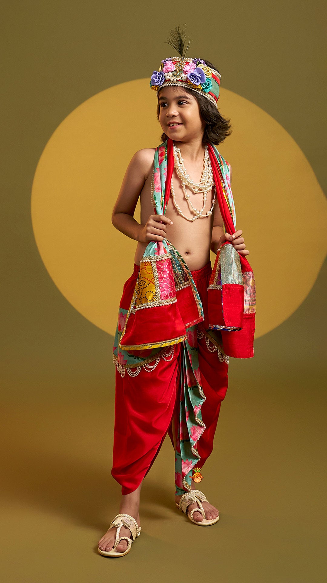 Pre Order: Festive Dhoti With Printed Shawl And Mor Pankh-Embellished Headband