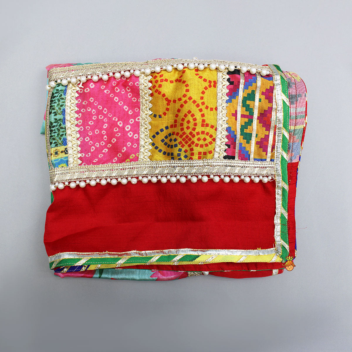 Pre Order: Festive Red Dhoti With Printed Shawl And Mor Pankh-Embellished Headband