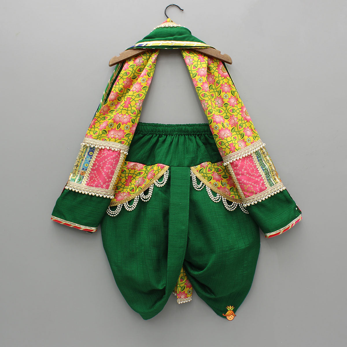 Pre Order: Floral Flap Enhanced Green Dhoti With Shawl And Mor Pankh Headband