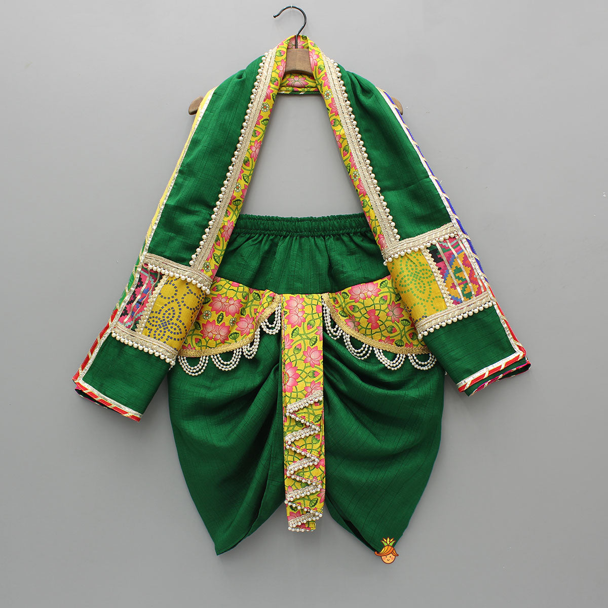 Pre Order: Floral Flap Enhanced Green Dhoti With Shawl And Mor Pankh Headband