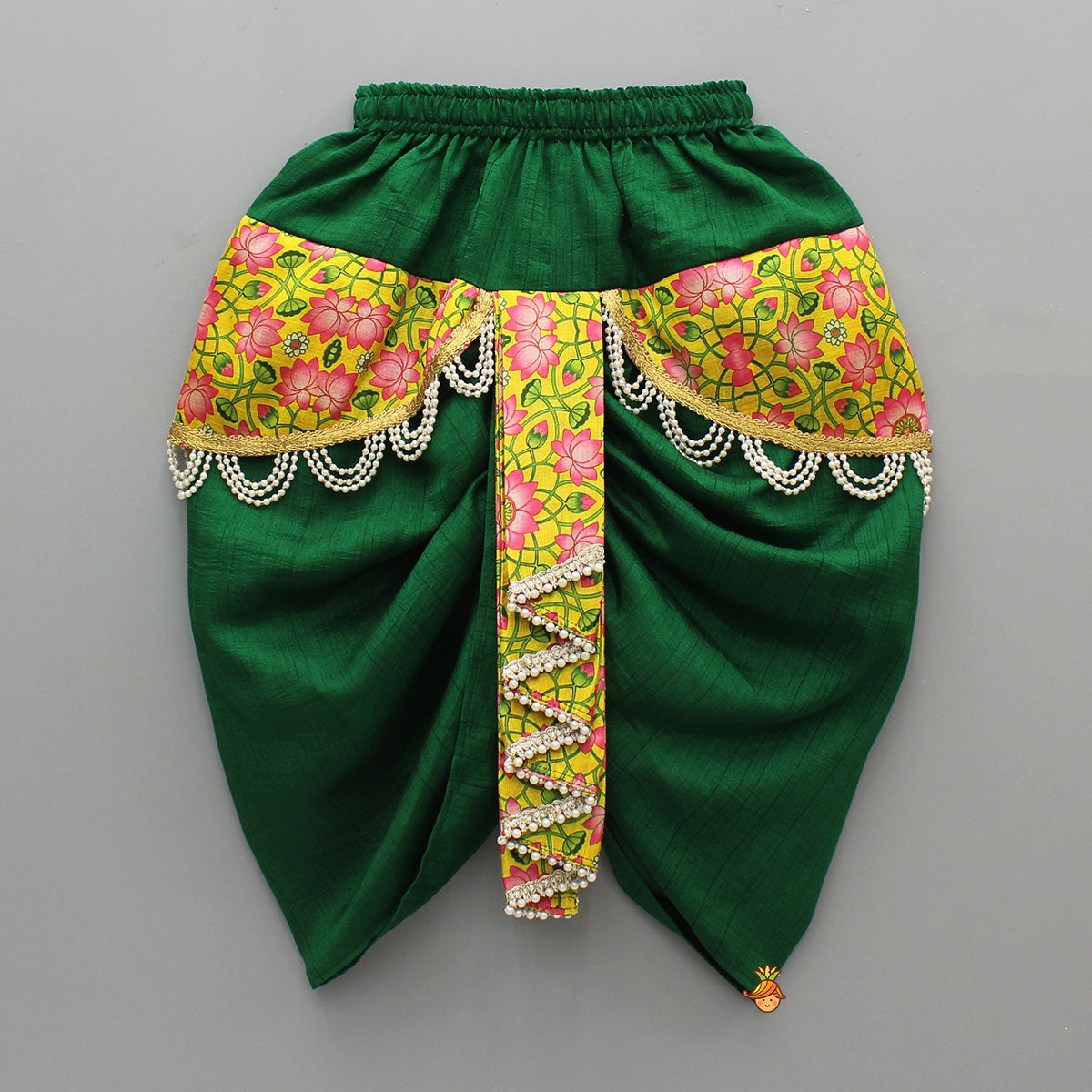 Pre Order: Floral Flap Enhanced Green Dhoti With Shawl And Mor Pankh Headband