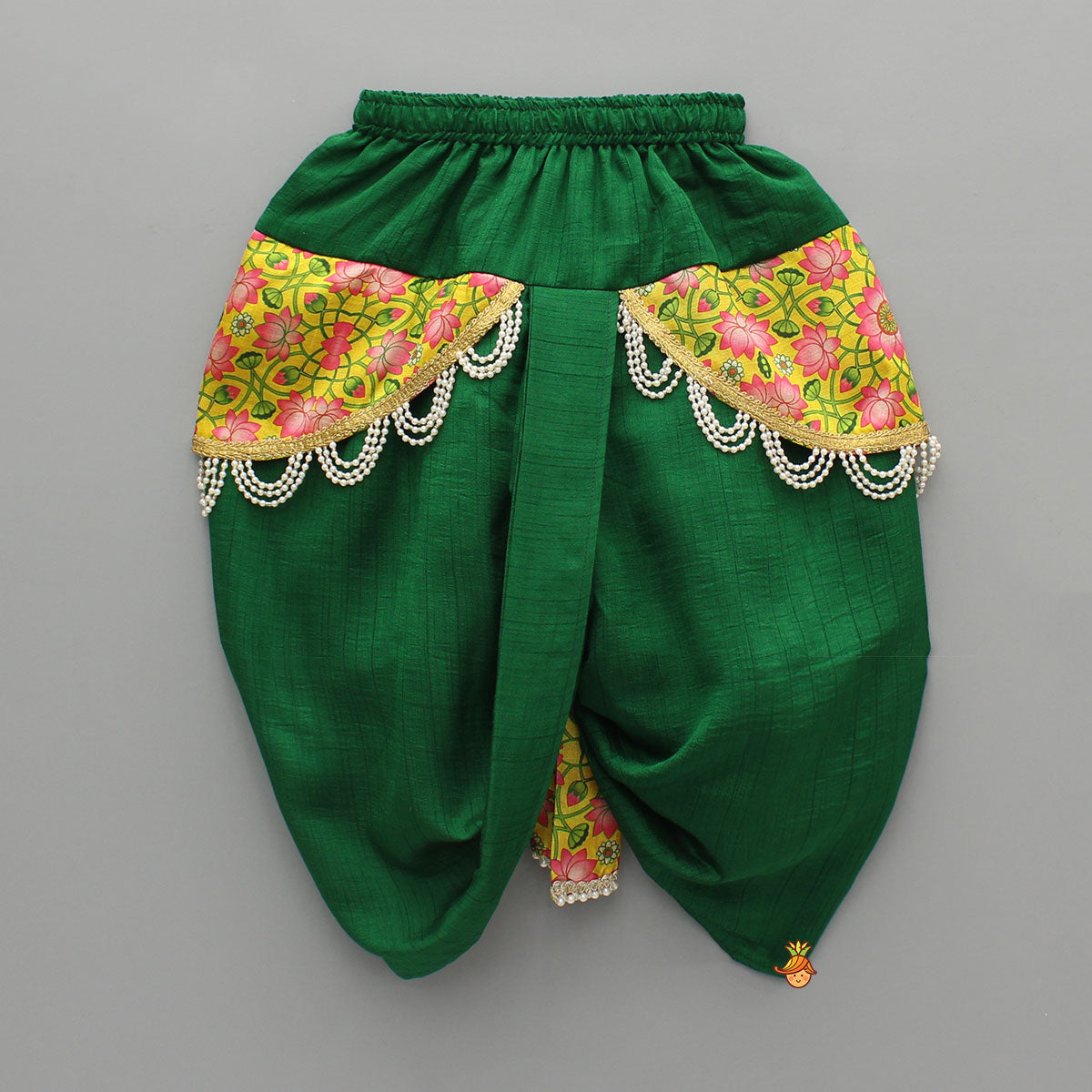 Pre Order: Floral Flap Enhanced Green Dhoti With Shawl And Mor Pankh Headband