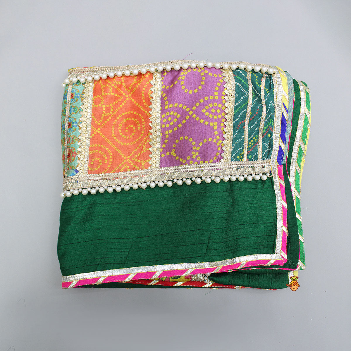 Pre Order: Floral Flap Enhanced Green Dhoti With Shawl And Mor Pankh Headband