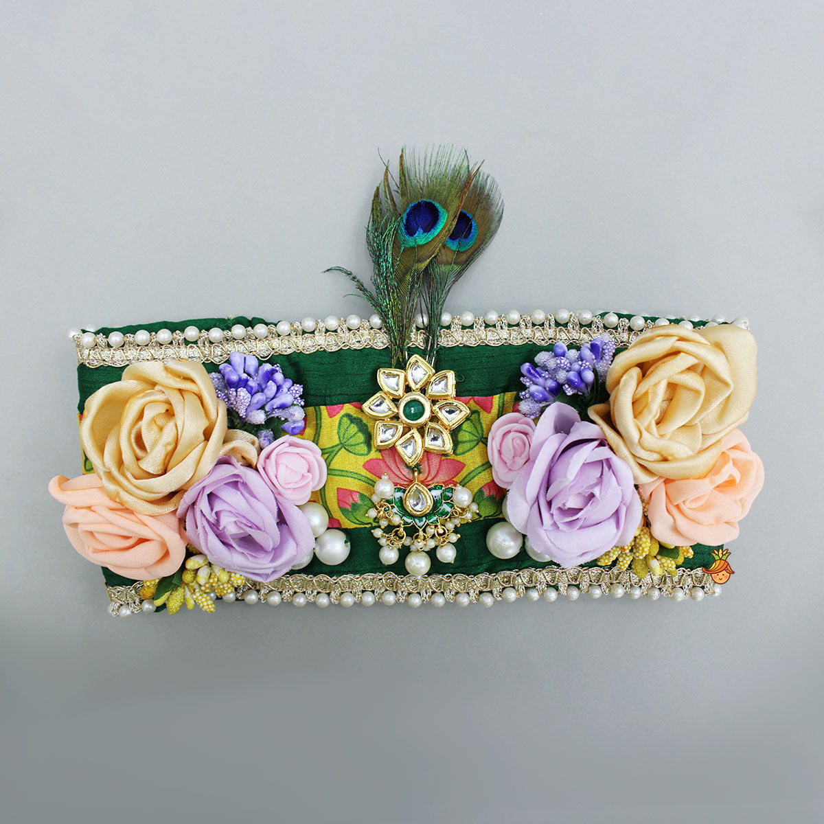 Pre Order: Floral Flap Enhanced Green Dhoti With Shawl And Mor Pankh Headband