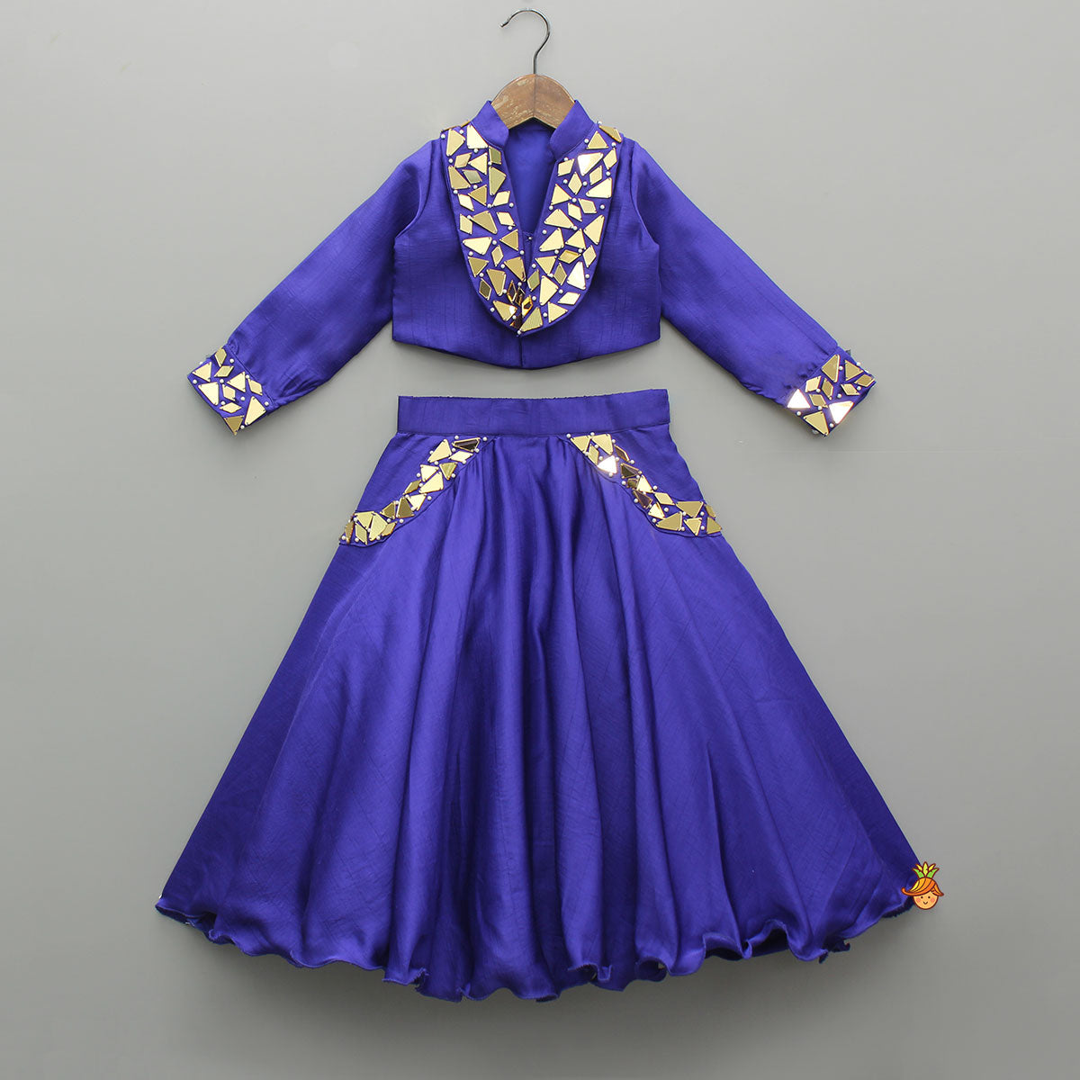 Pre Order: Purple Mirror Embellished Top And Flared Lehenga