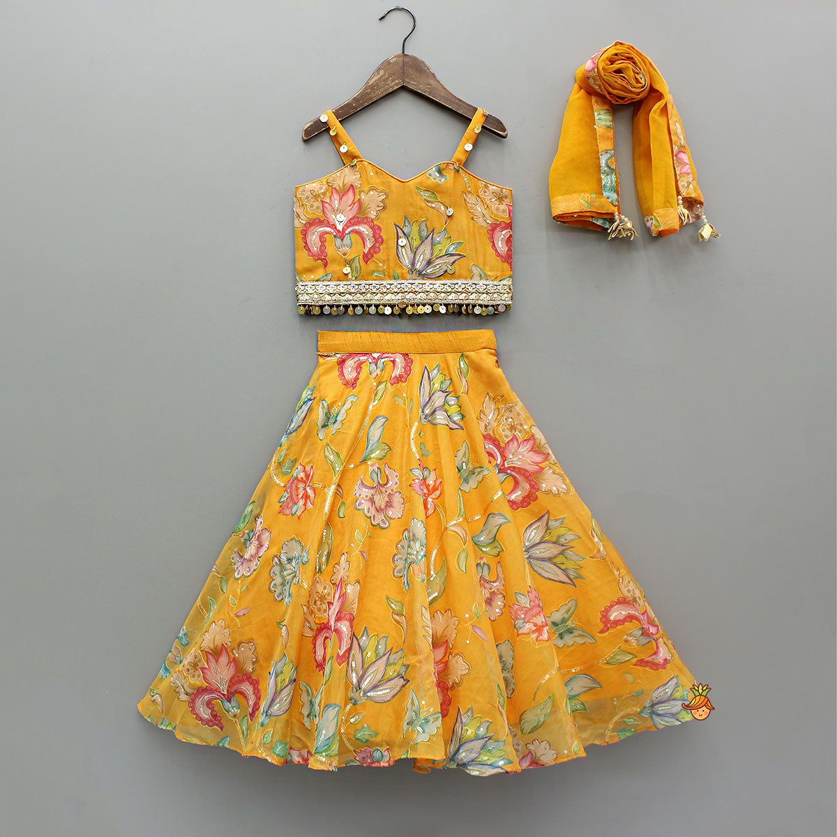 Pre Order: Stylish Floral Embellished Strappy Top And Floral Lehenga With Dupatta