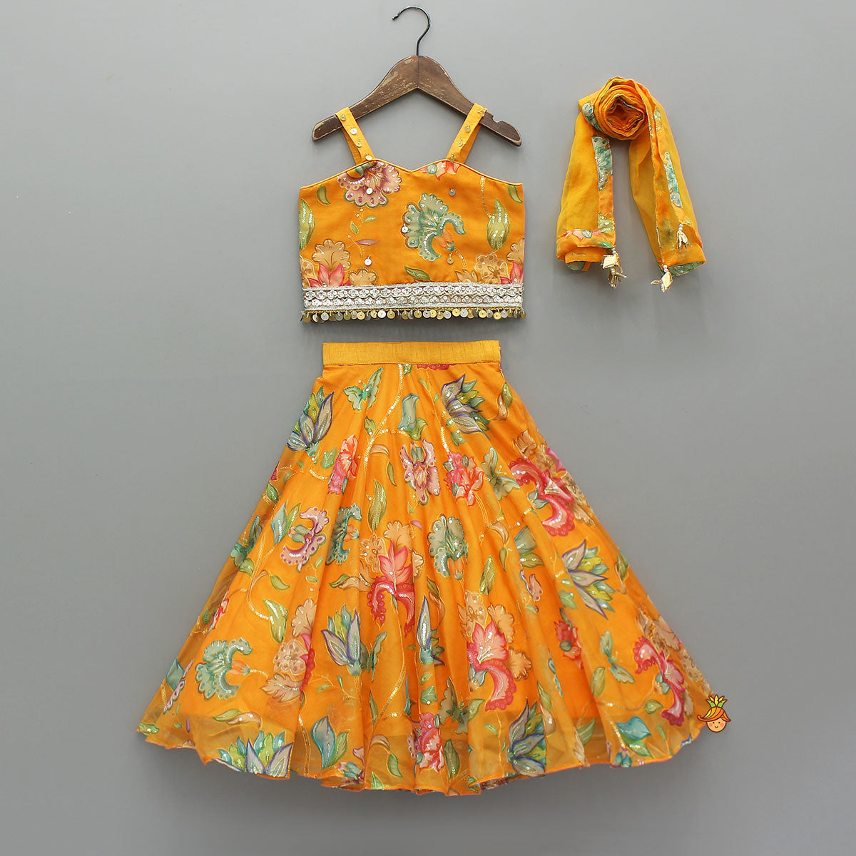 Pre Order: Stylish Floral Embellished Strappy Top And Floral Lehenga With Dupatta