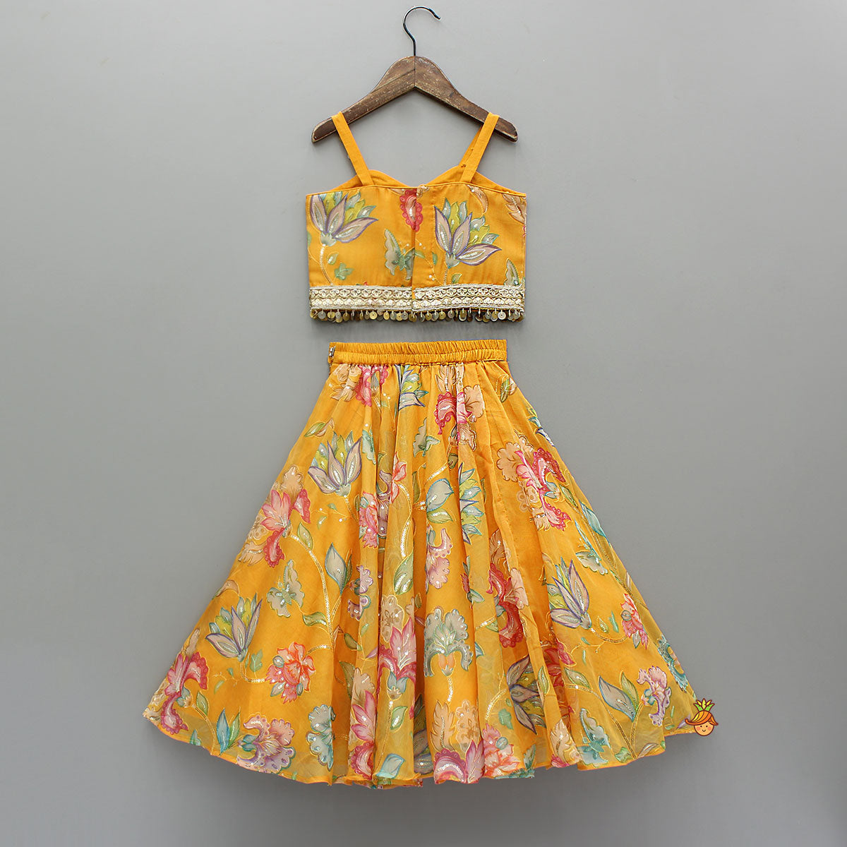 Pre Order: Stylish Floral Embellished Strappy Top And Floral Lehenga With Dupatta