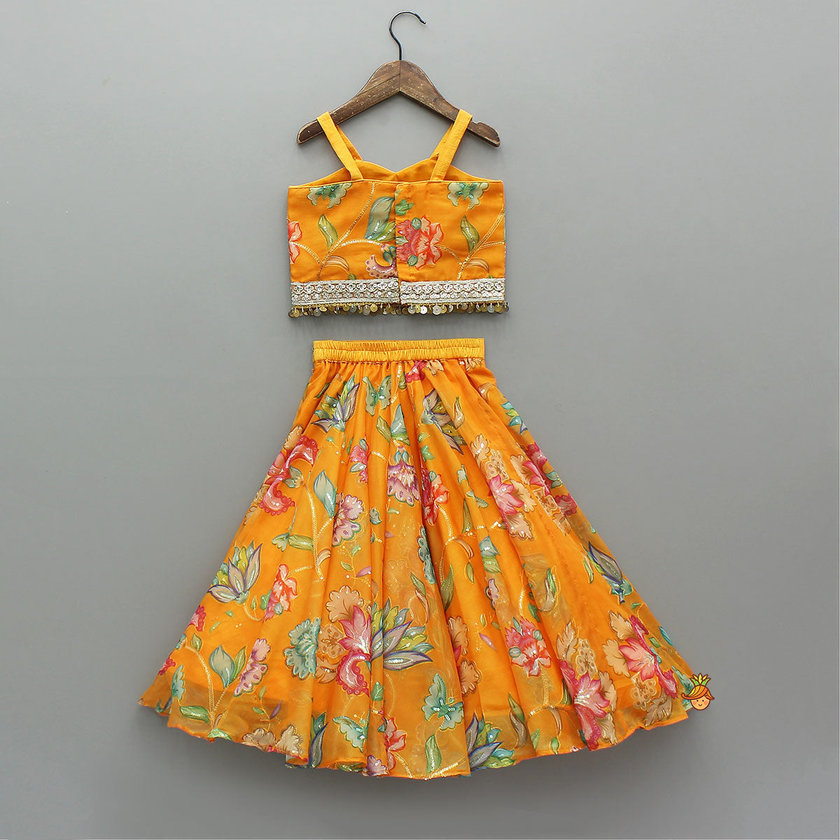 Pre Order: Stylish Floral Embellished Strappy Top And Floral Lehenga With Dupatta