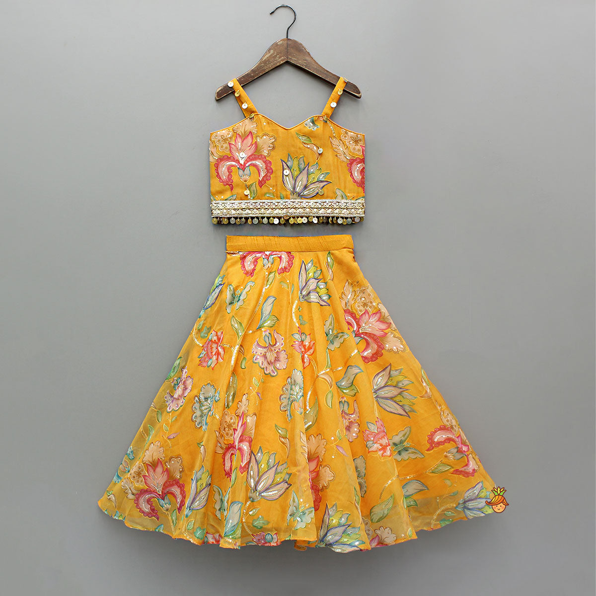 Pre Order: Stylish Floral Embellished Strappy Top And Floral Lehenga With Dupatta