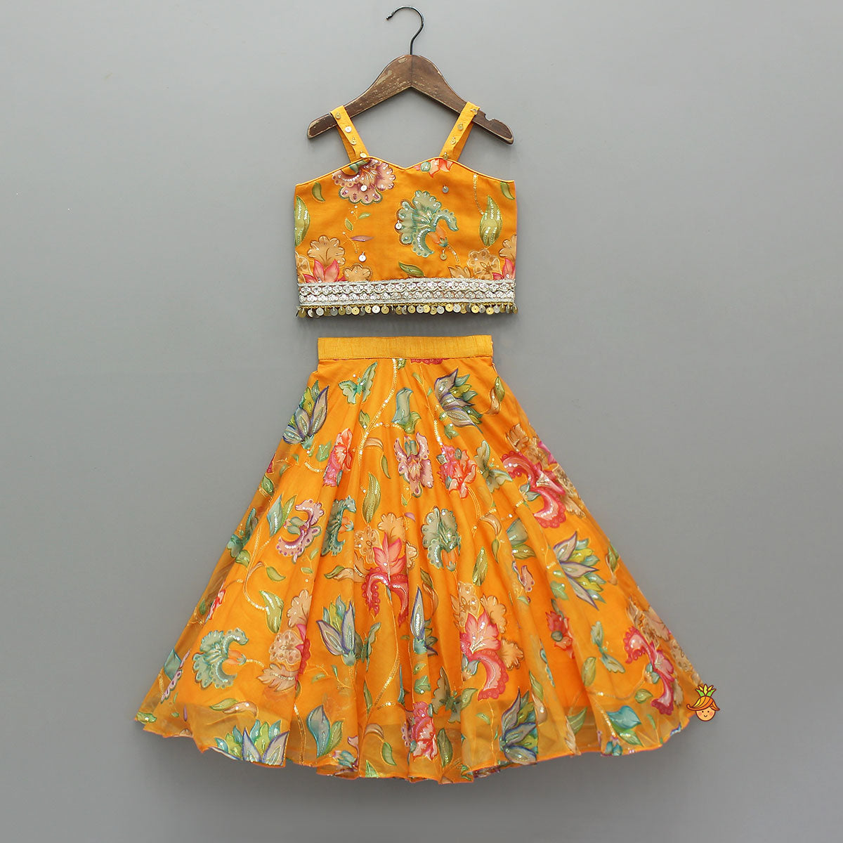 Pre Order: Stylish Floral Embellished Strappy Top And Floral Lehenga With Dupatta