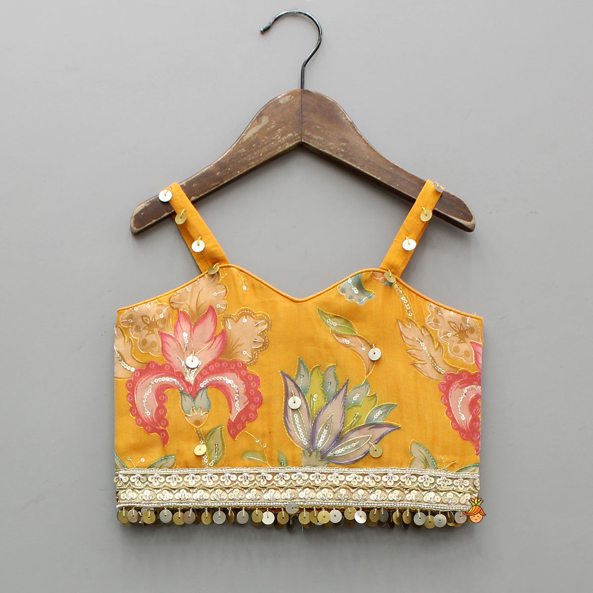 Pre Order: Stylish Floral Embellished Strappy Top And Floral Lehenga With Dupatta