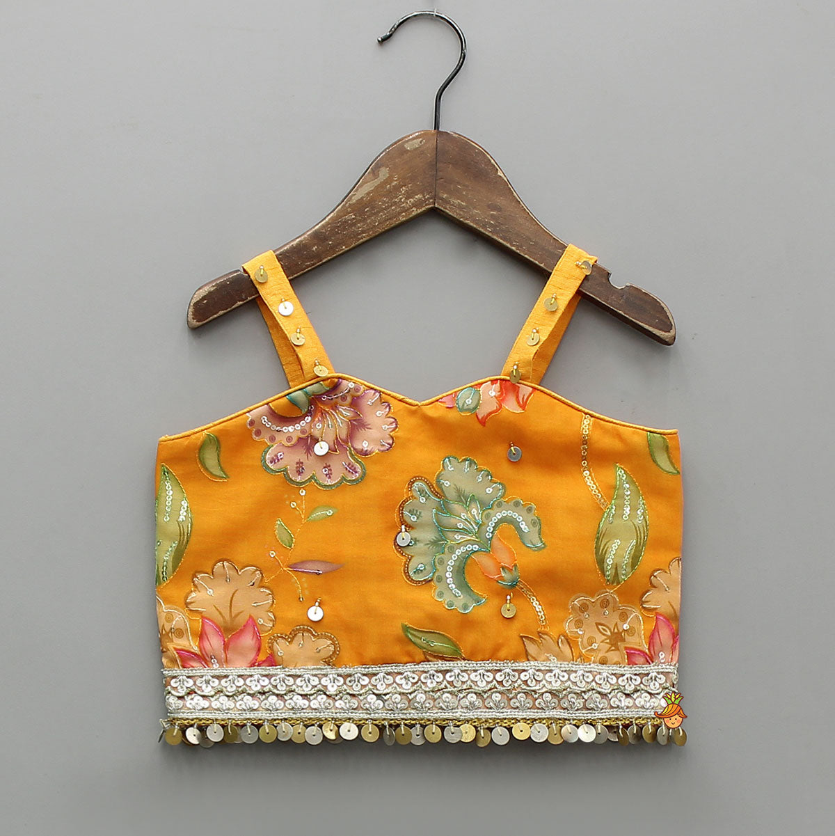 Pre Order: Stylish Floral Embellished Strappy Top And Floral Lehenga With Dupatta