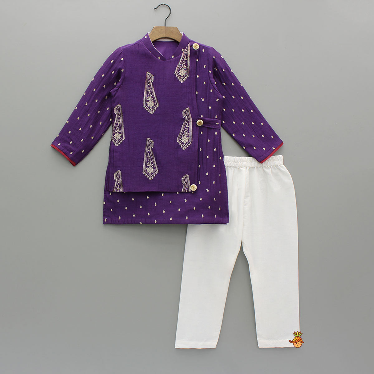 Pre Order: Purple Embroidered Flap Kurta With White Pyjama