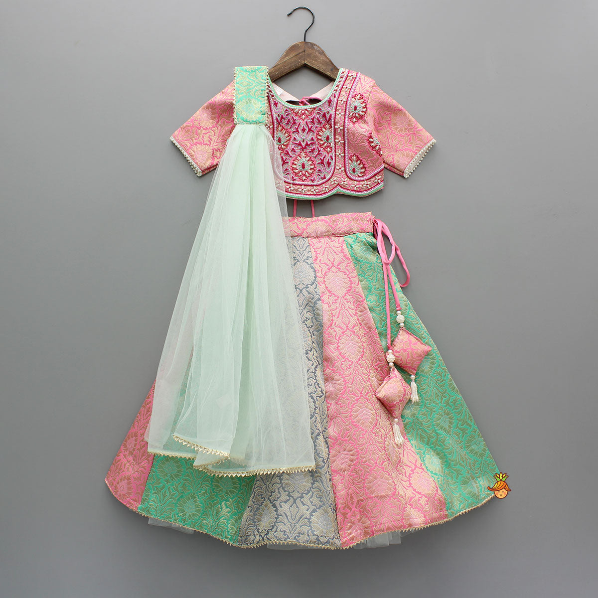 Pre Order: Brocade Pink Top With Multicoloured Brocade Panel Lehenga And Dupatta