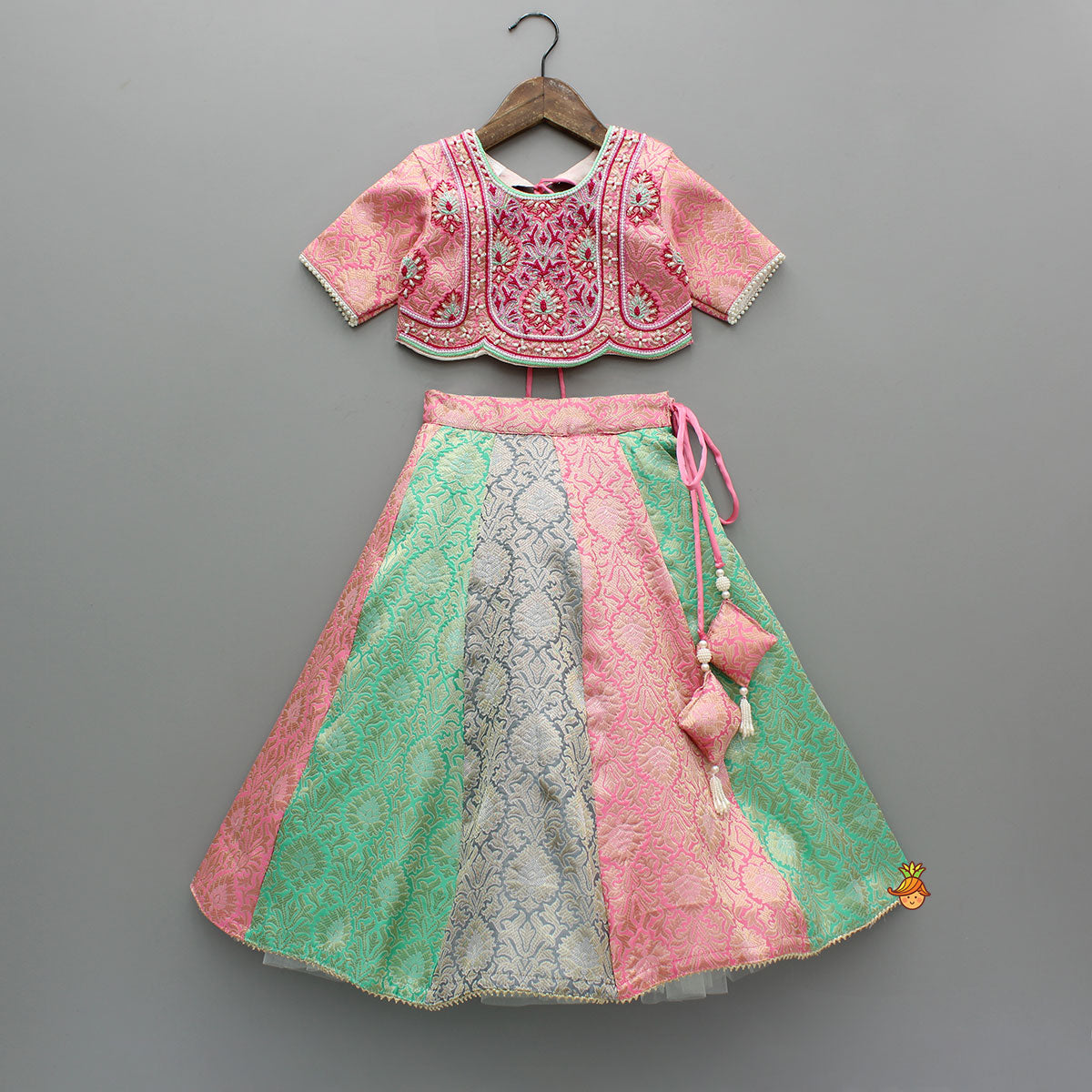 Pre Order: Brocade Pink Top With Multicoloured Brocade Panel Lehenga And Dupatta