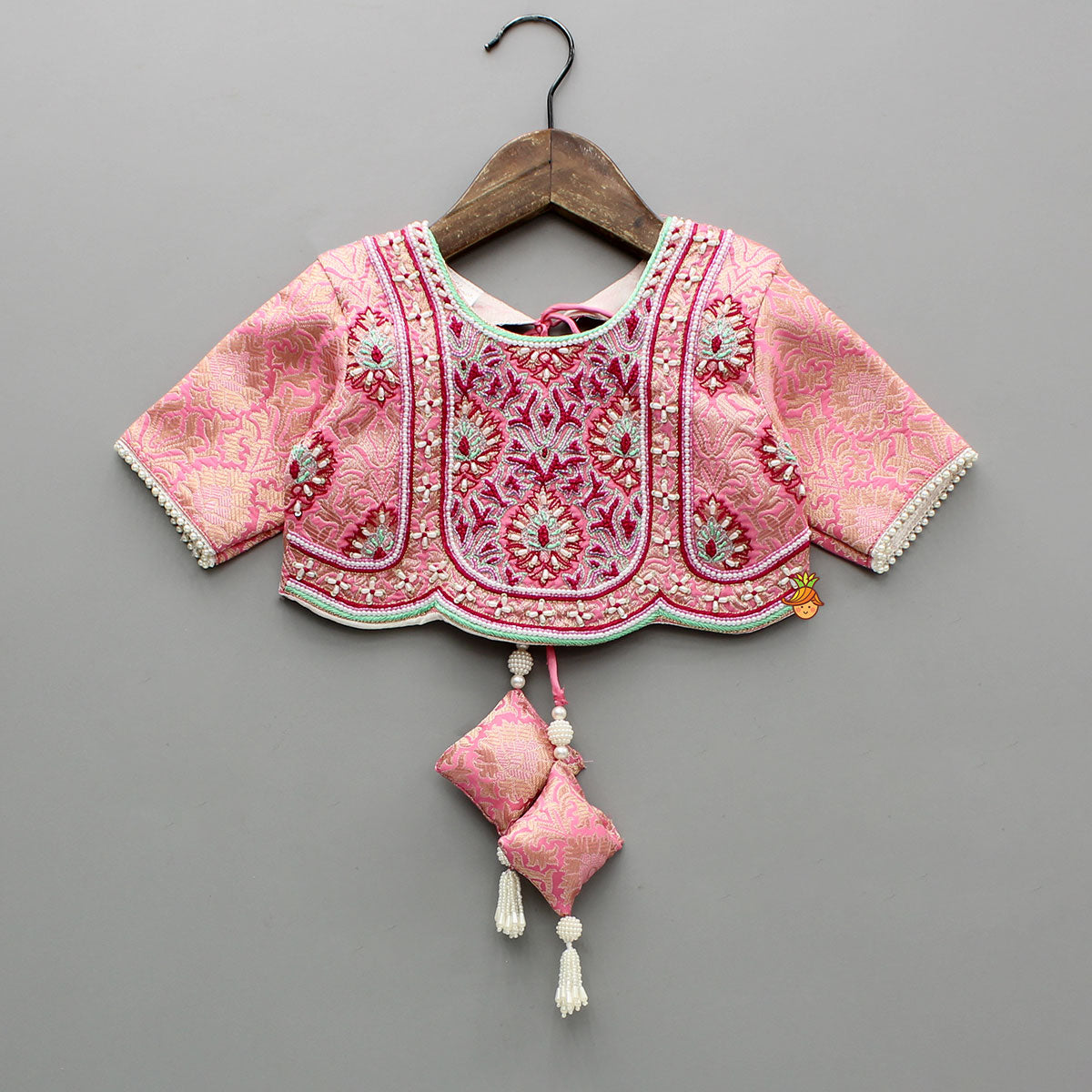 Pre Order: Brocade Pink Top With Multicoloured Brocade Panel Lehenga And Dupatta