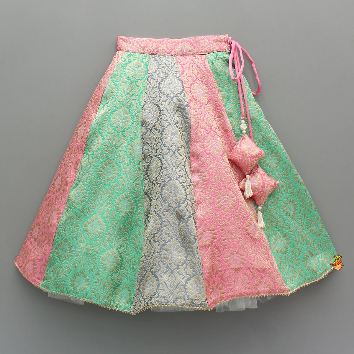Pre Order: Brocade Pink Top With Multicoloured Brocade Panel Lehenga And Dupatta