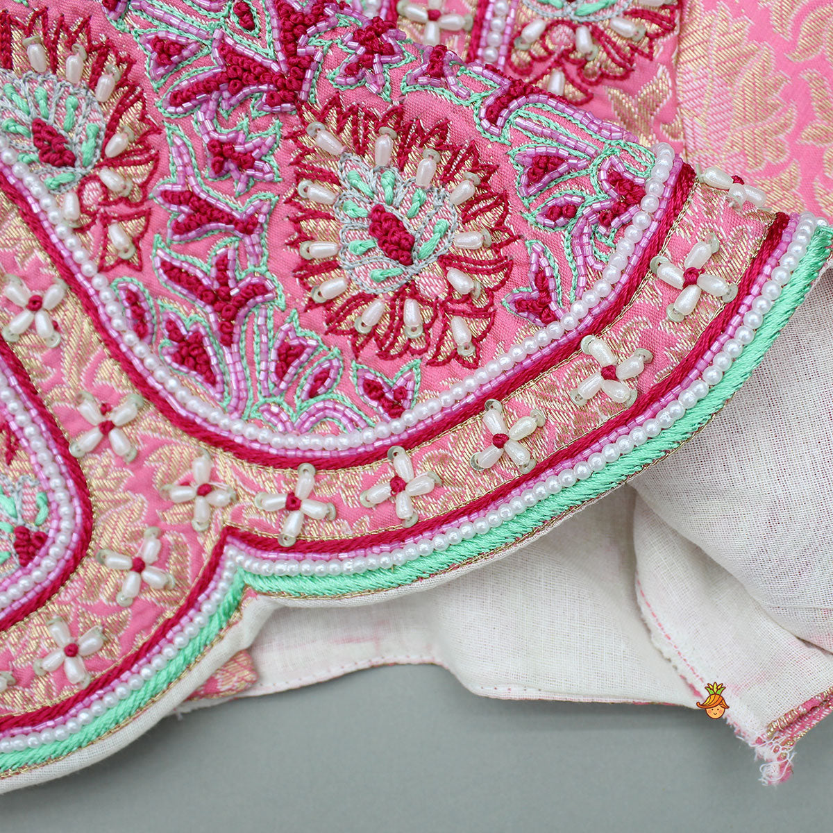 Pre Order: Brocade Pink Top With Multicoloured Brocade Panel Lehenga And Dupatta