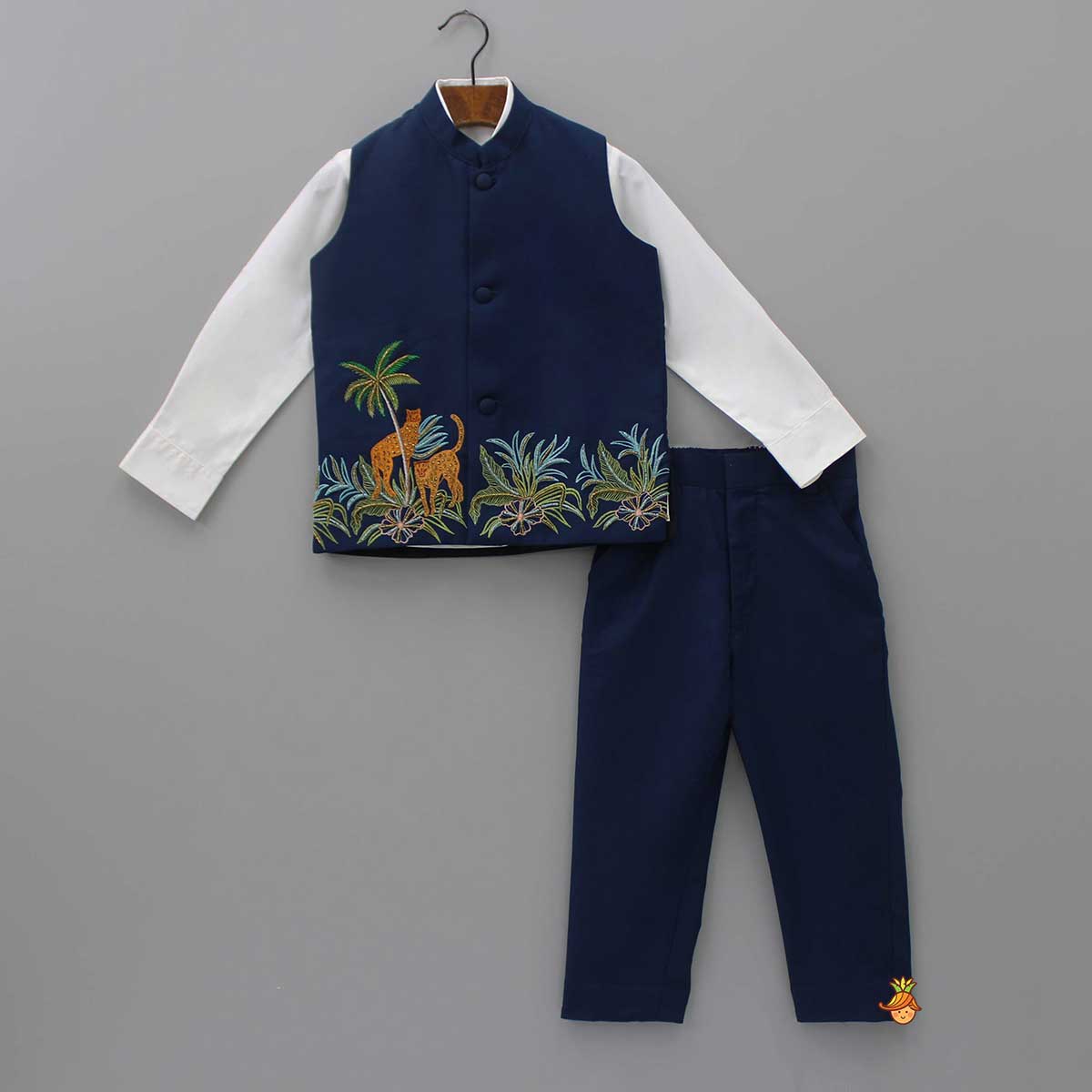 Pre Order: Shirt And Jungle Theme Embroidered Jacket With Pant