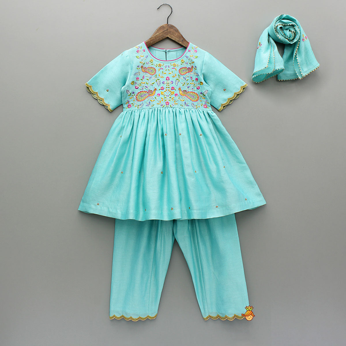 Pre Order: Blue Embroidered Kurti With Salwar And Dupatta