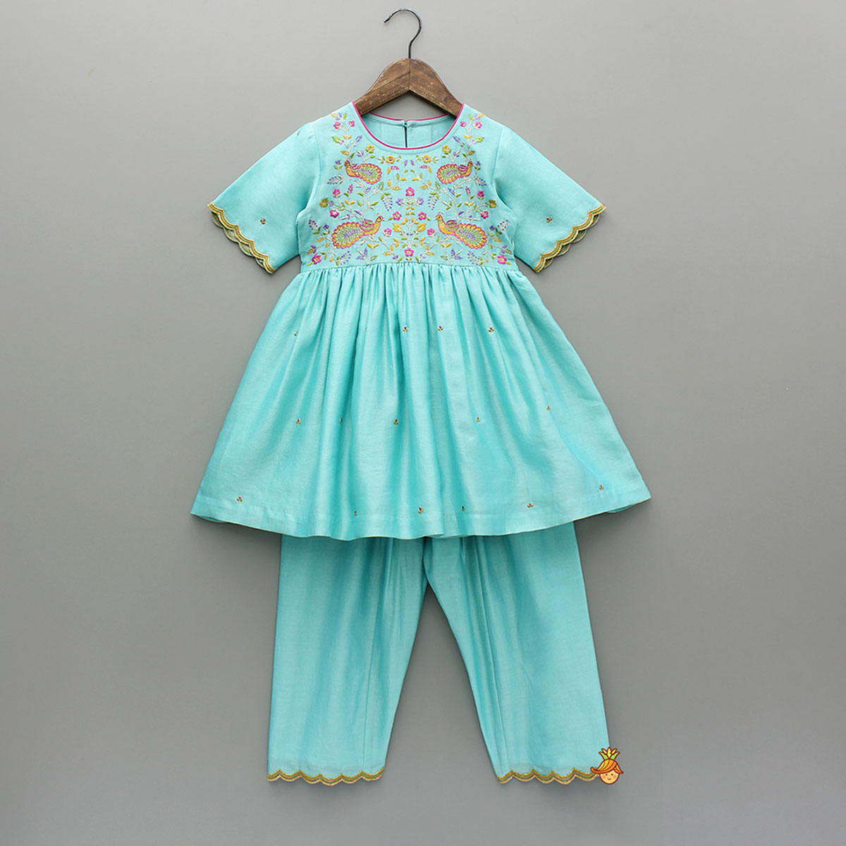 Pre Order: Blue Embroidered Kurti With Salwar And Dupatta