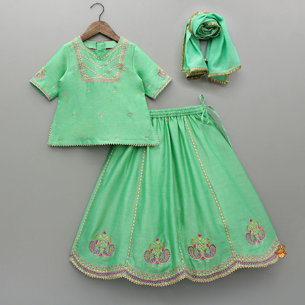 Pre Order: Green Embroidered Kurta With Lehenga And Dupatta