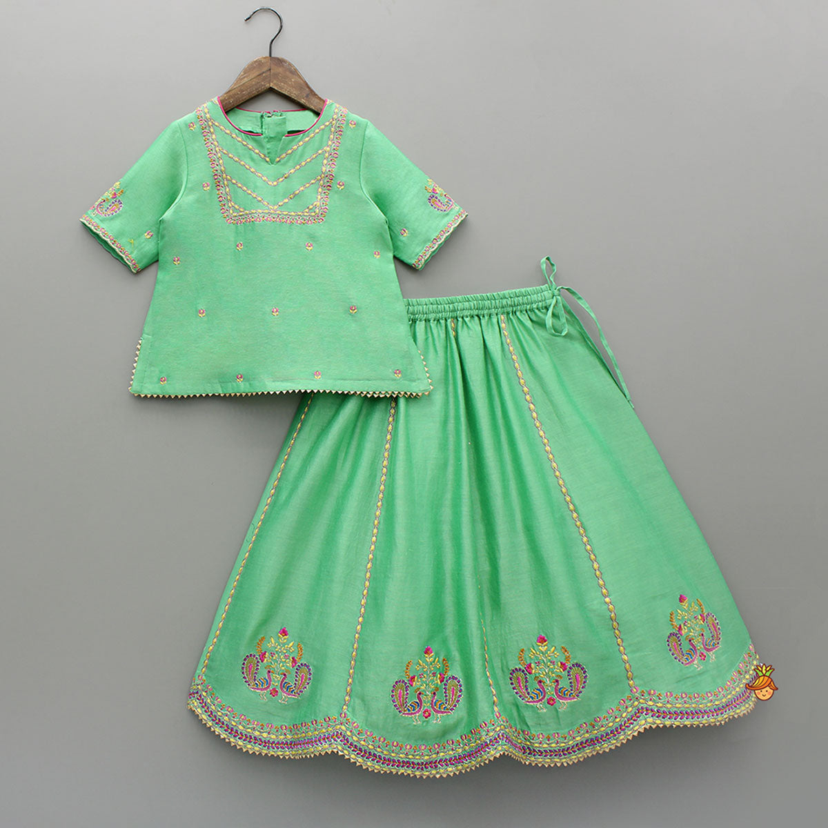 Pre Order: Green Embroidered Kurta With Lehenga And Dupatta