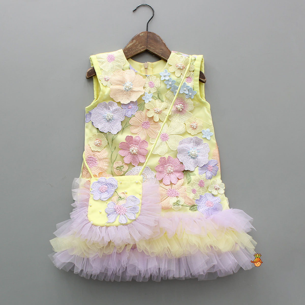 Pre Order: Gorgeous Yellow 3D Floral Applique Embellished Dress With Sling Bag