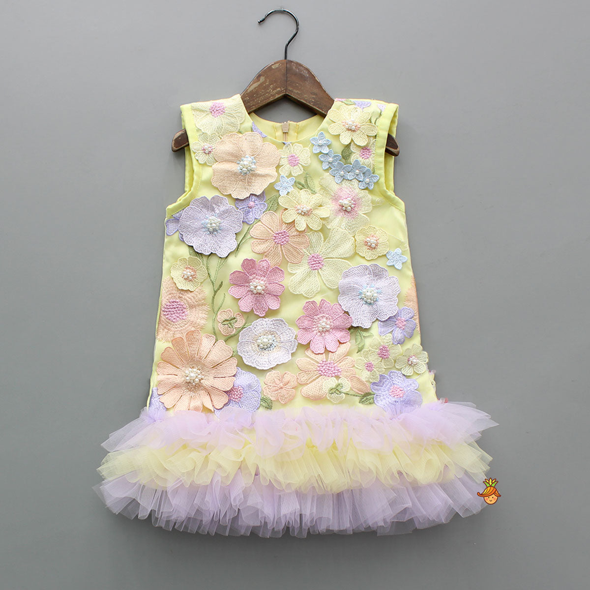Pre Order: Gorgeous Yellow 3D Floral Applique Embellished Dress With Sling Bag